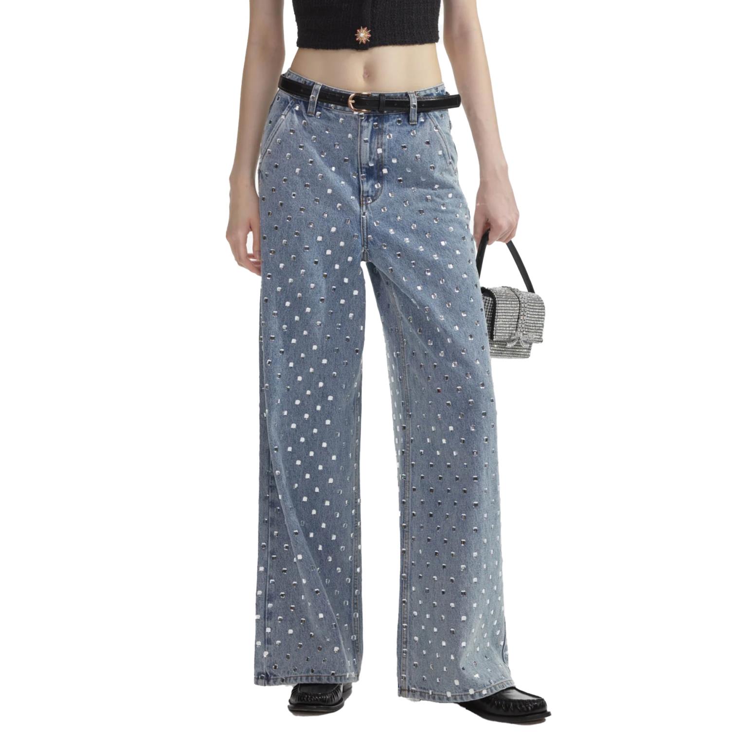 Self Portrait Square Rhinestone Denim Jeans